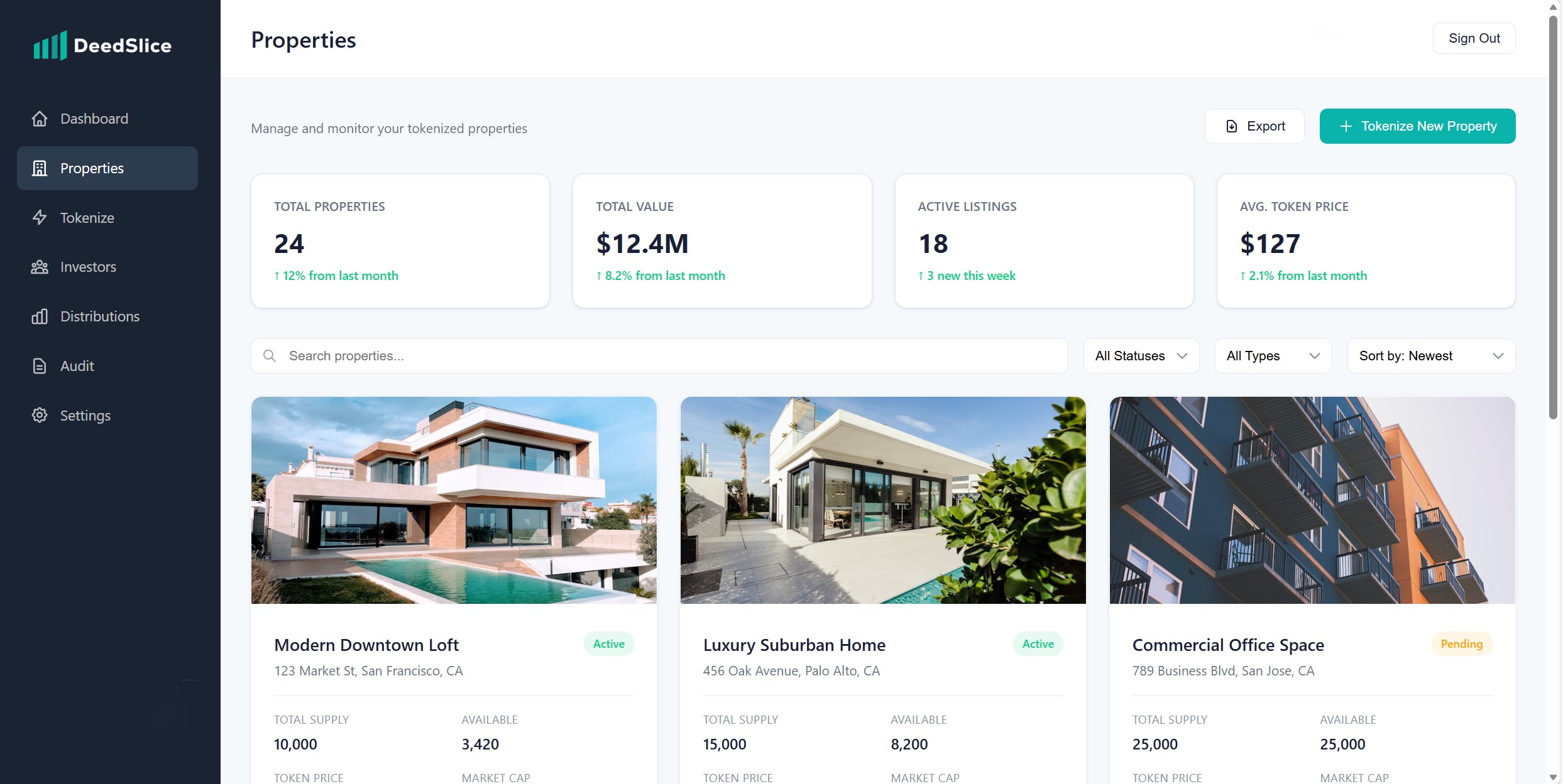 DeedSlice Properties — Property list with status, tokens, and valuation